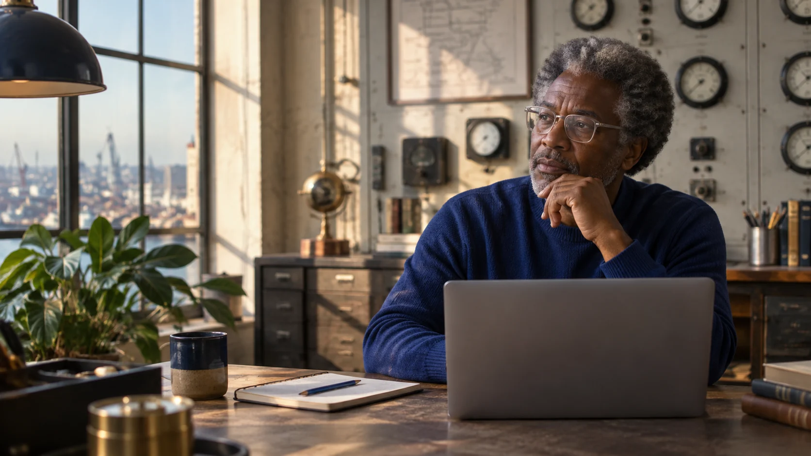 A man considers his next step beside a laptop in a vintage analysis room.