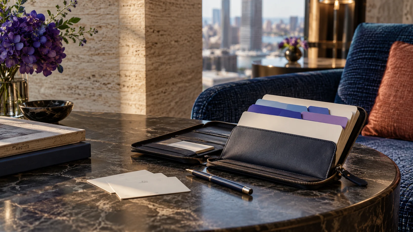 A leather card organizer with blue and violet dividers rests on a hotel lounge table.