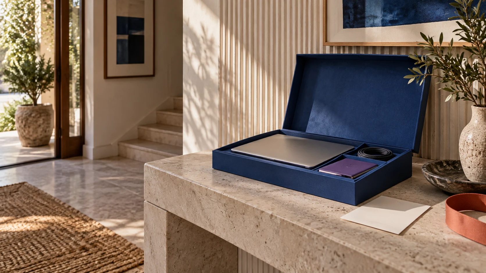 A cobalt equipment case holds a laptop and setup essentials on a limestone console.