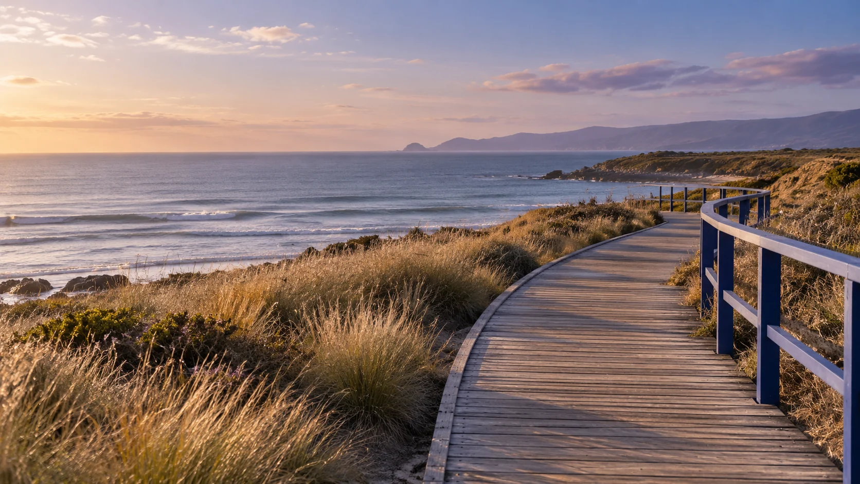 A timber boardwalk with a blue rail curves through coastal grasses toward the sea in late-afternoon light.