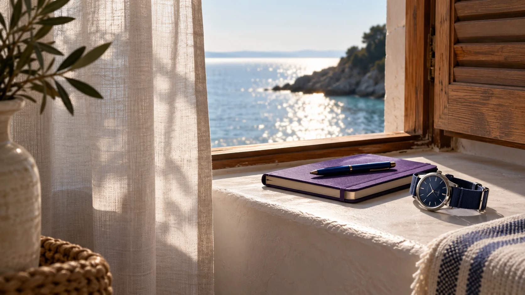 A wristwatch, violet notebook and pen on a coastal guesthouse window ledge.