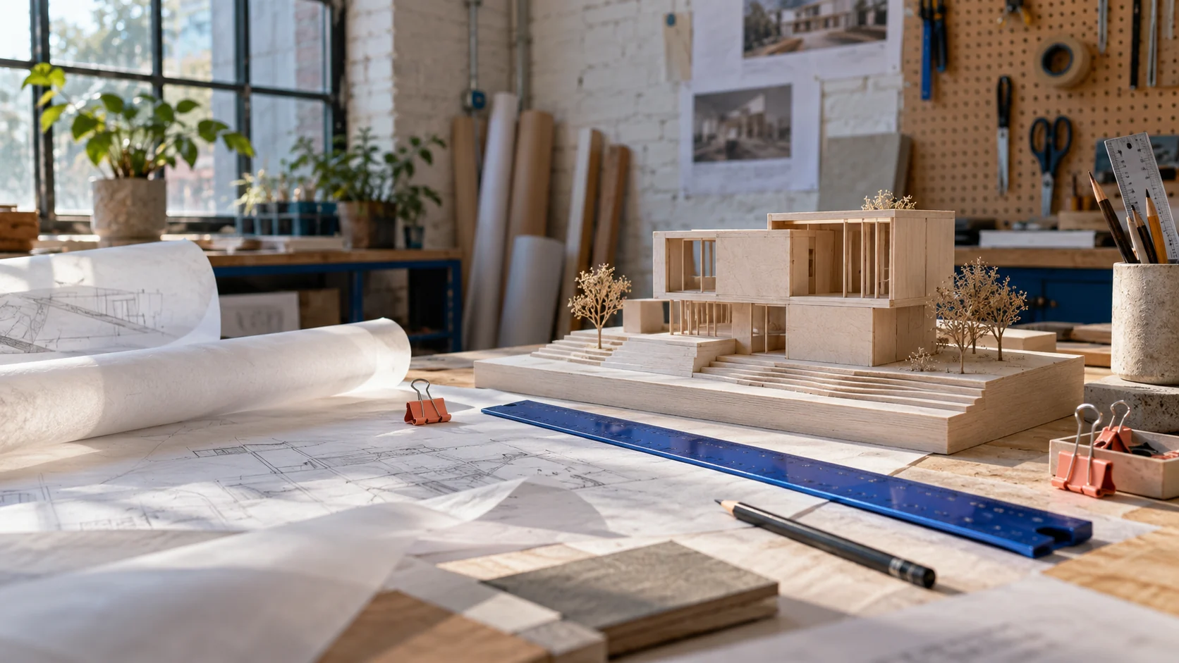 Architectural model and project materials on a workshop drafting bench.