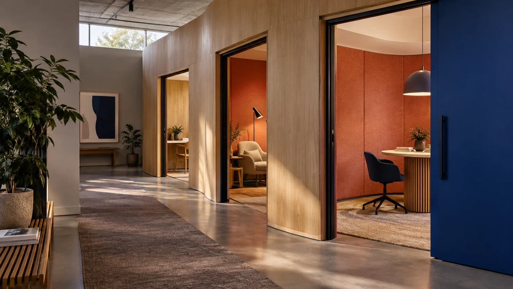 A quiet corridor connects three separate workrooms with curved timber walls and a cobalt sliding door.